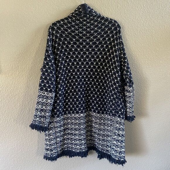 Zara Sweater CoatIigan Blue White Oversized Jacquard Fringe Open Duster boho - Picture 3 of 12